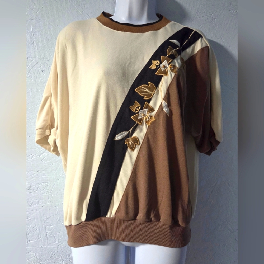 Vintage 80s Alfred Dunner Brown/Cream/Black Batwing Top - Medium